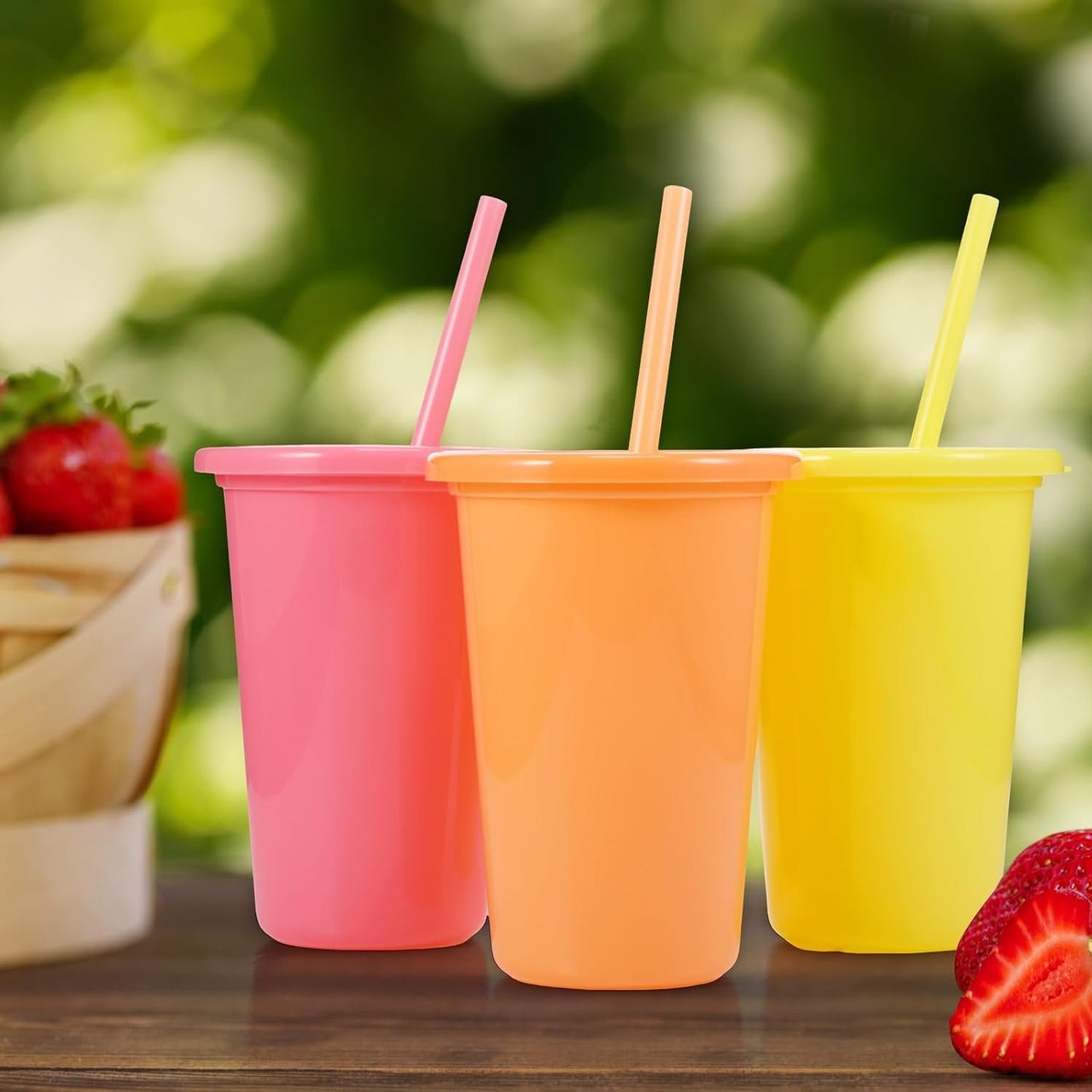 Nuanchu Bulk Tumbler with Lid and Straw 14oz Plastic Cups for Adult Reusable Coffee Drinking Cup Set Water Travel Bottle Mug with Sheets Letter Stickers for Party(Macaron Colors,24 Pcs)