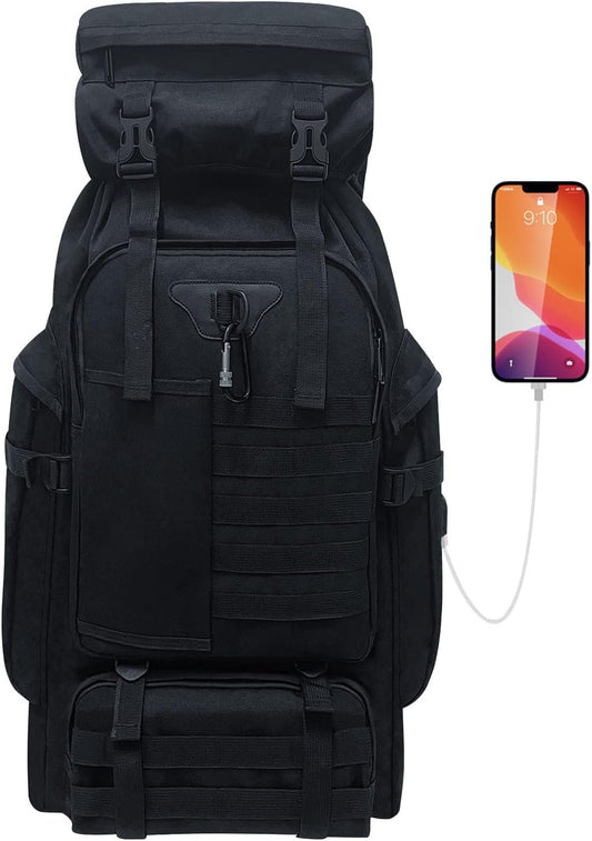 Vaupan 80L Camping Hiking Backpack, Large Military Tactical Backpack, Waterproof Travel Daypack With Carabiner Outdoor Molle Rucksack for Men Women (Black)