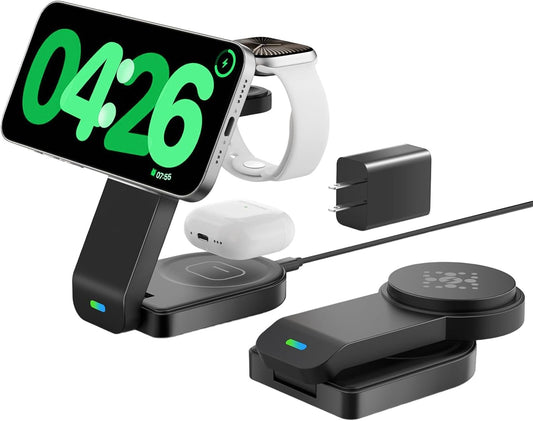 3 in 1 Magnetic Wireless Charger Compatible with Apple,Foldable Mag-Safe Charging Station Stand for iPhone 16/15/14/13/12,Apple Watch Series 10/Ultra 2/9/8/7/6/5/4/SE/SE 2,Air-Pods 4/3/Pro/2(Black)