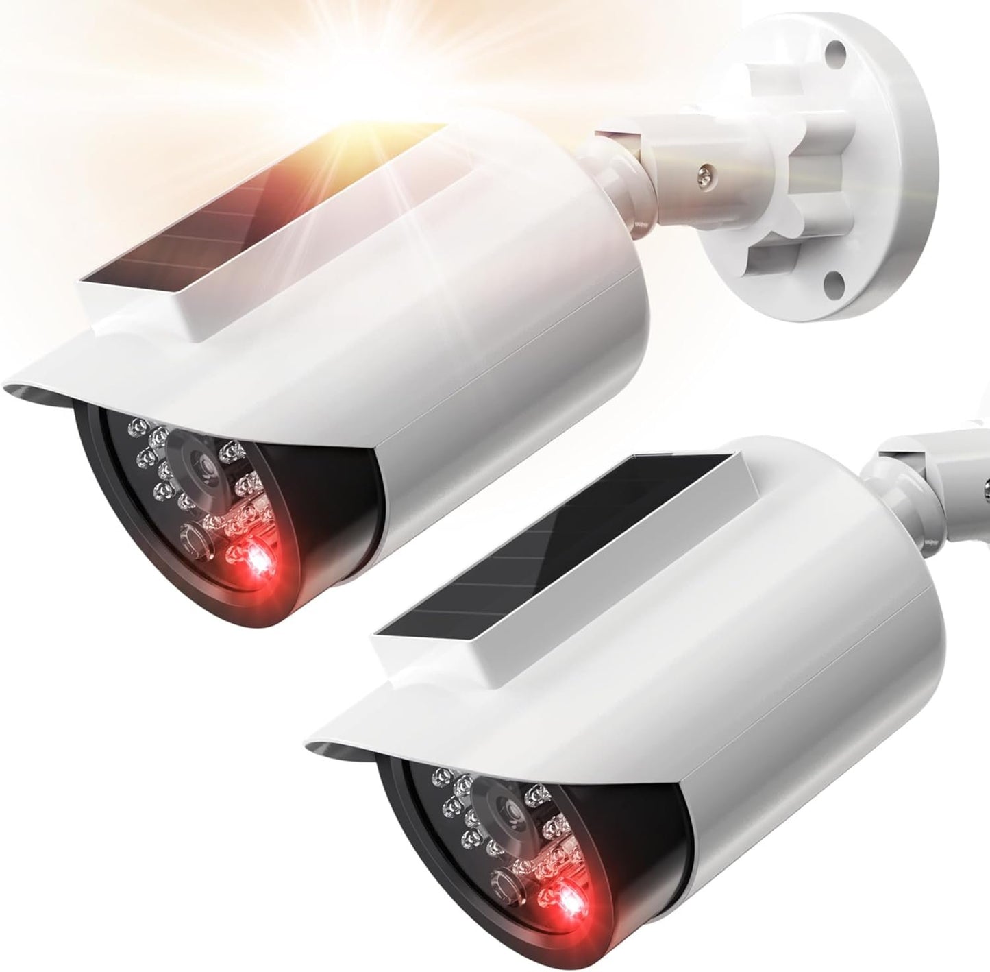 BNT Solar Powered Fake Security Camera, Bullet Shape Fake Surveillance Camera with Red LED Light for Night, Security Warning Sticker, for Outdoor Safety Alert (White 2Pack,Battery not Included)
