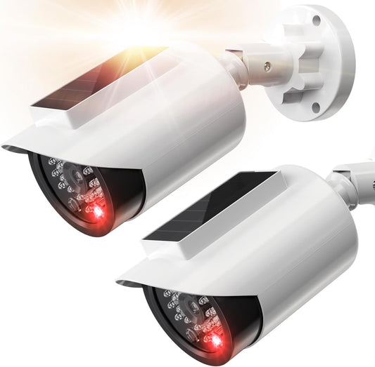 BNT Solar Powered Fake Security Camera, Bullet Shape Fake Surveillance Camera with Red LED Light for Night, Security Warning Sticker, for Outdoor Safety Alert (White 2Pack,Battery not Included)