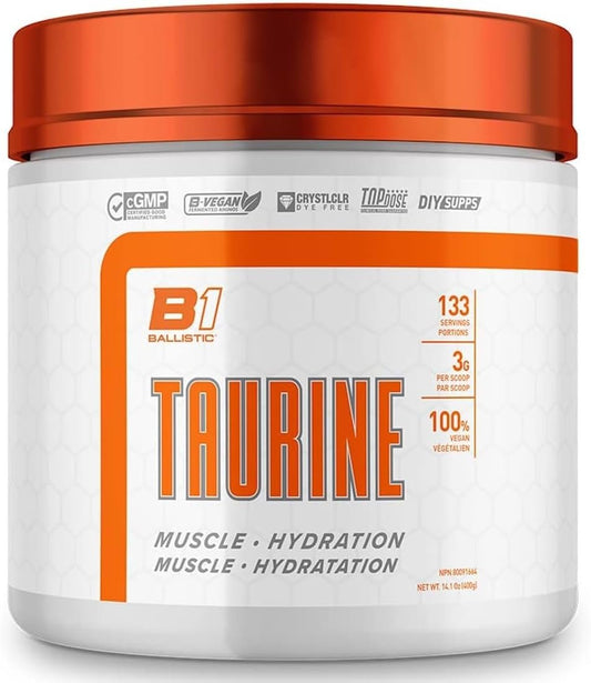 Ballistic Taurine Powder | 3g Pure Taurine Amino Acid Supplement | Electrolyte Support, Hydration, Metabolism Management, Heart Health | Vegan, 133 Servings, 400G (Unflavoured)