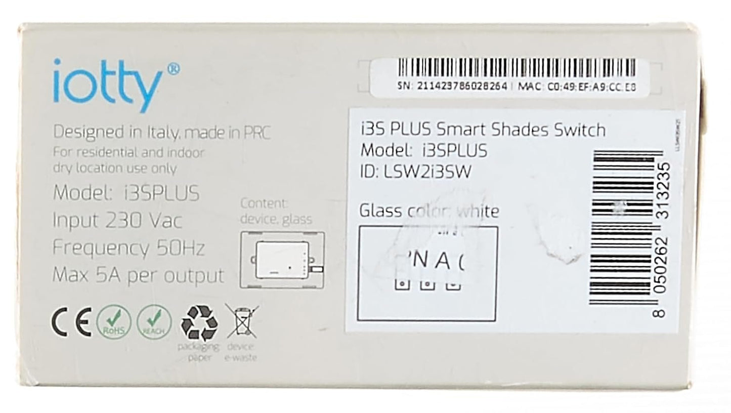 iotty i3S Plus Design Switch, WiFi Home Automation, Smart Blind and Roller Shutter Management, Wifi Diverter Compatible with Google Home, Alexa and Siri with Sensors