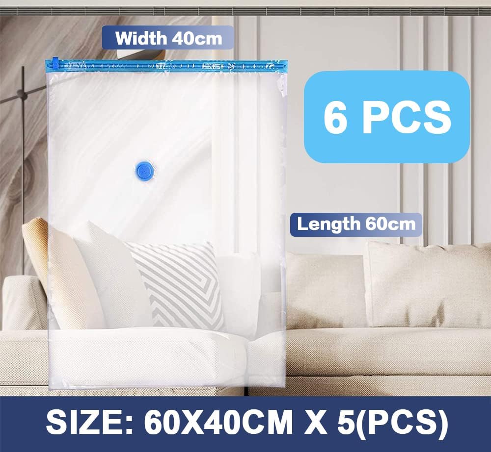 Vacuum Storage Bags Small 6 Pack with Suction Pump, 60 X 40 Cm Reusable Compression Bags Space Saver, Vacuum Bag for Packing,Clothes, Bedding, Travel