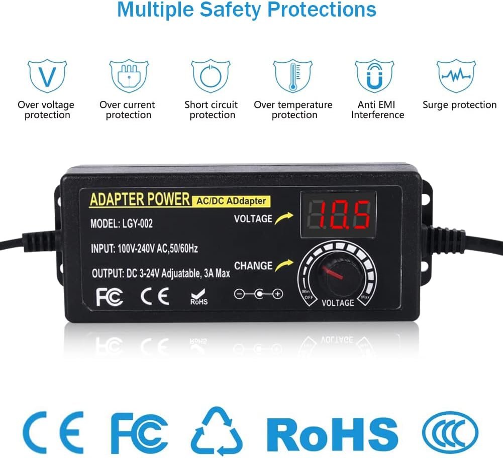 72W Power Supply Adjustable DC 3V ~ 24V Variable Universal Switching AC/DC Adapter 100V-240V AC to DC Converter with 14 Tips & Polarity Converter, for 3V to 24V Household Electronics - 3000mA
