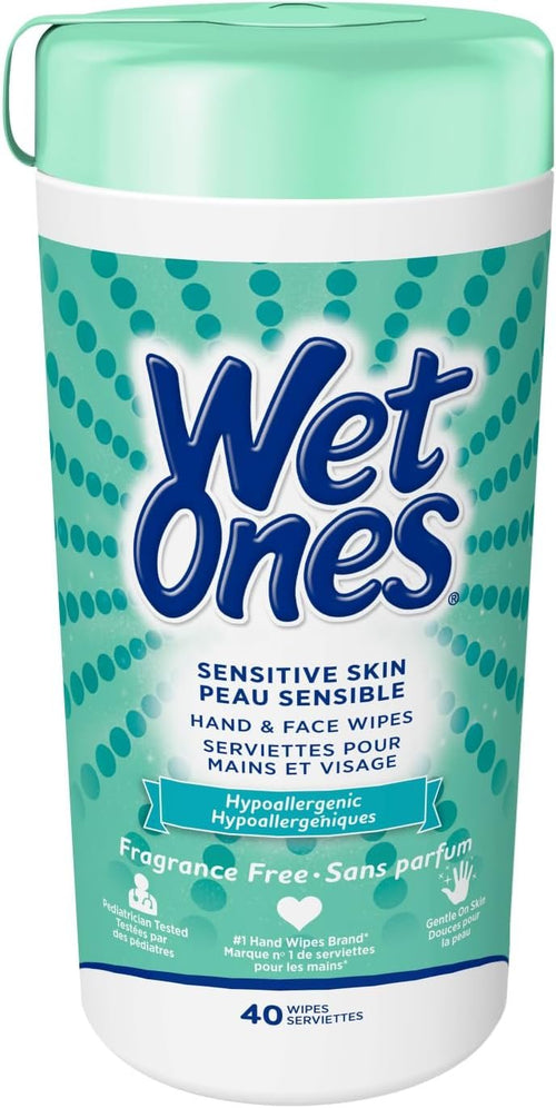 Wet Ones Sensitive Skin Hand Wipes, Unscented, Alcohol-Free Wet Wipes, 40 Count Canister