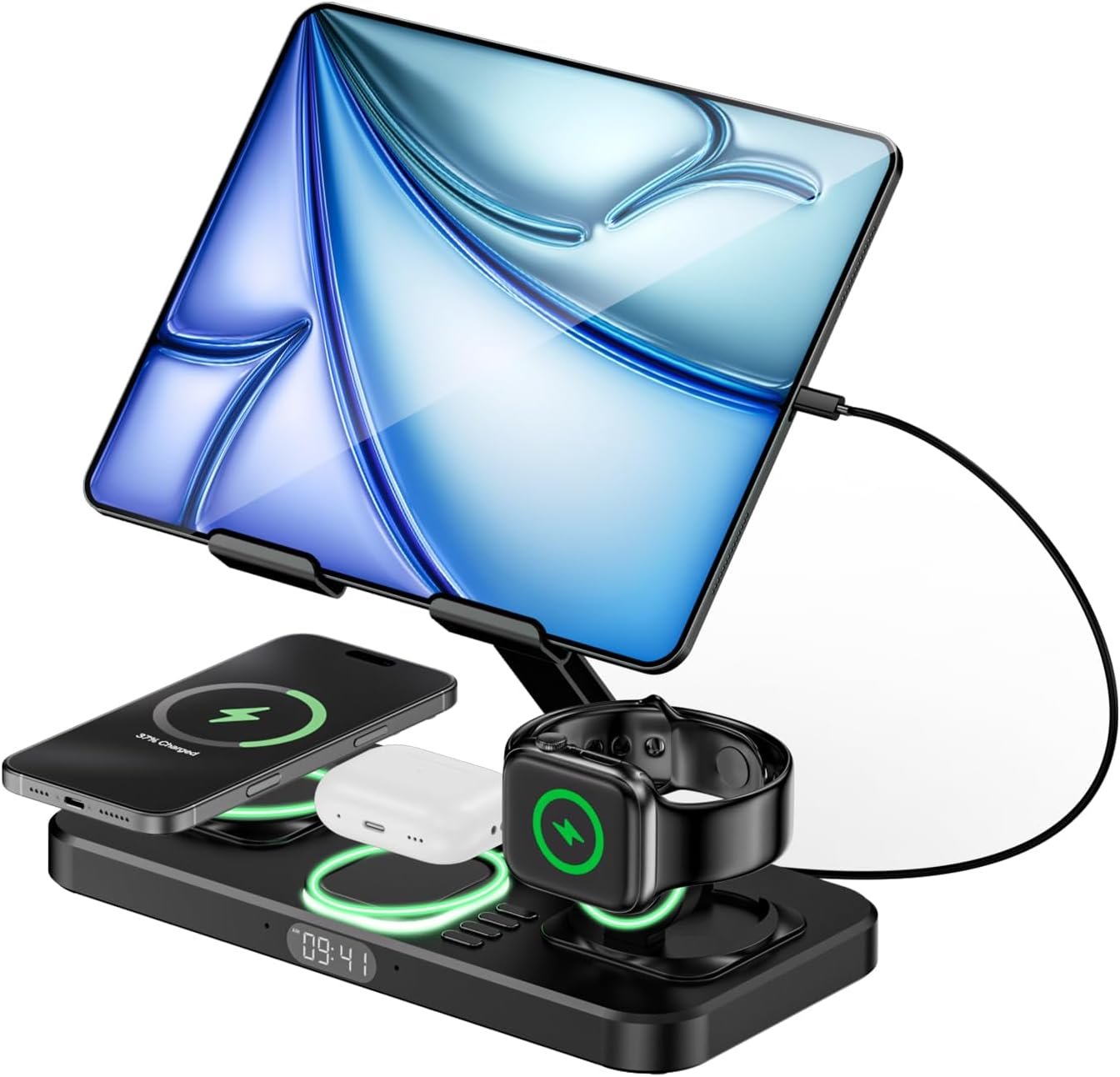 6 in 1 Wireless Charger Compatible for Apple Devices, iPad Charging Station with Digital Time & Night Light for iPhone 16 Pro Max/15/14/iWatch/Air-pods/iPad/Tablet Stand Holder