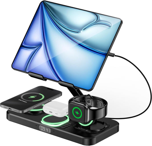 6 in 1 Wireless Charger Compatible for Apple Devices, iPad Charging Station with Digital Time & Night Light for iPhone 16 Pro Max/15/14/iWatch/Air-pods/iPad/Tablet Stand Holder