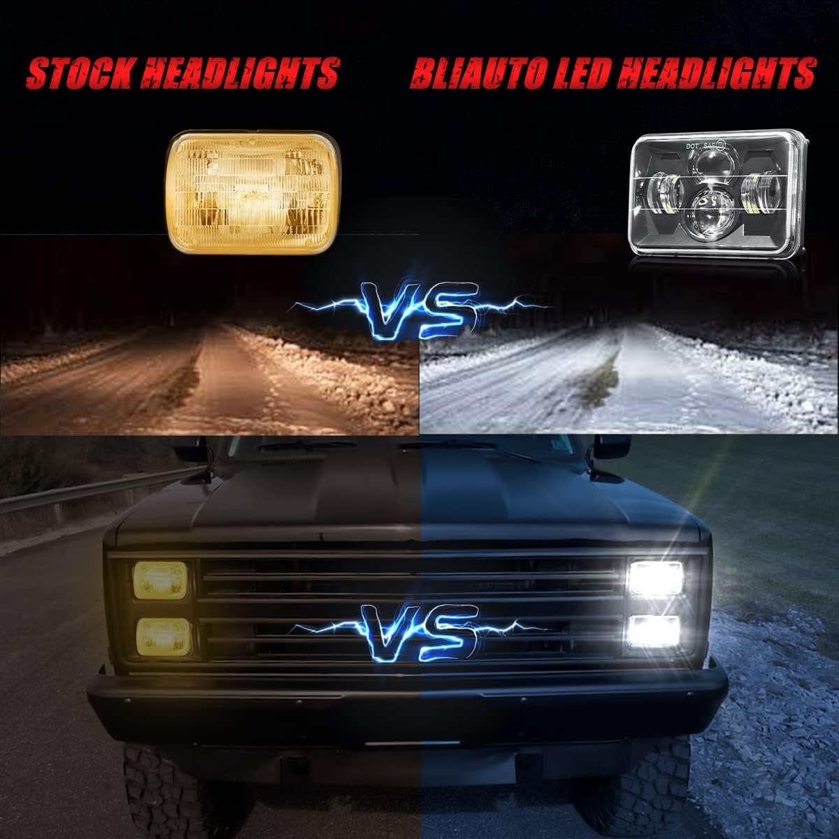 BLIAUTO Dot Approved 4x6 Inch LED Headlights 60W Hi/Low Sealed Beam Headlight Replace H4652 H4656 H4666 H6545 Headlamp for Peterbilt Kenworth Freightliner Ford Probe Chevy Oldsmobile Cutlass Trucks