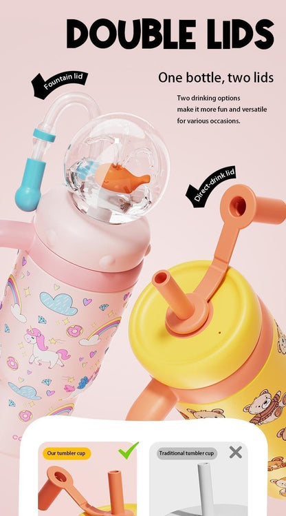 Whale Fountain Tumbler, Comobebe 24oz Stainless Steel Whale Fountain Tumbler with Handle, Drinking Cup with Whale Squirt, Spill-Proof, Leak-Proof Screw-On Lid (Sticker type-peach)