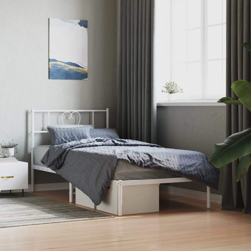 vidaXL Metal Bed Frame with Headboard | Robust Steel Construction | Modern Style | Extra Storage Space | White | 107 x 203 cm Mattress Size Compatibility