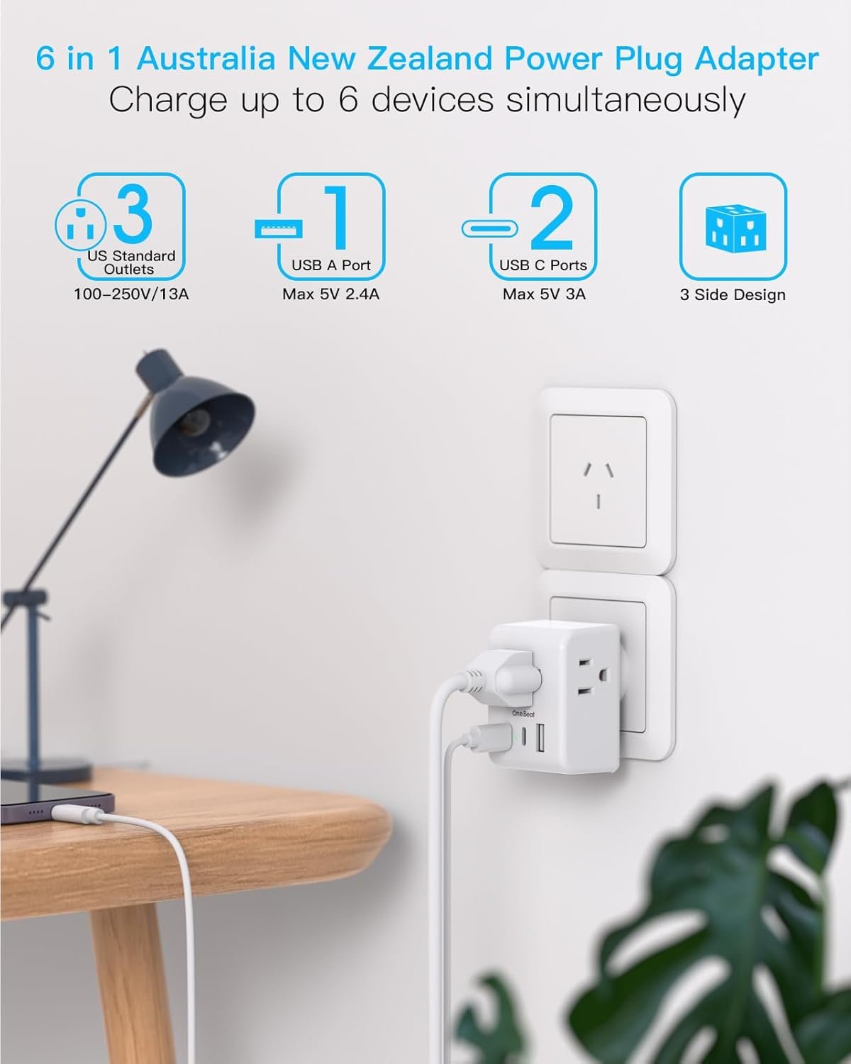 Australia New Zealand Power Plug Adapter, Canada to Australia Travel Adapter with 3 Outlets 3 USB Charging Ports (2 USB C), Type I International Power Plug Adapter