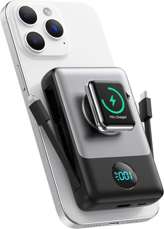 Magnetic Power Bank 10800mAh for iPhone with Built-in Cables, 6-in-1 Wireless Portable Charger with iWatch Charger, LCD Display 25W PD Fast Charging Battery Pack for iPhone 16/15/14/13/12, Apple Watch