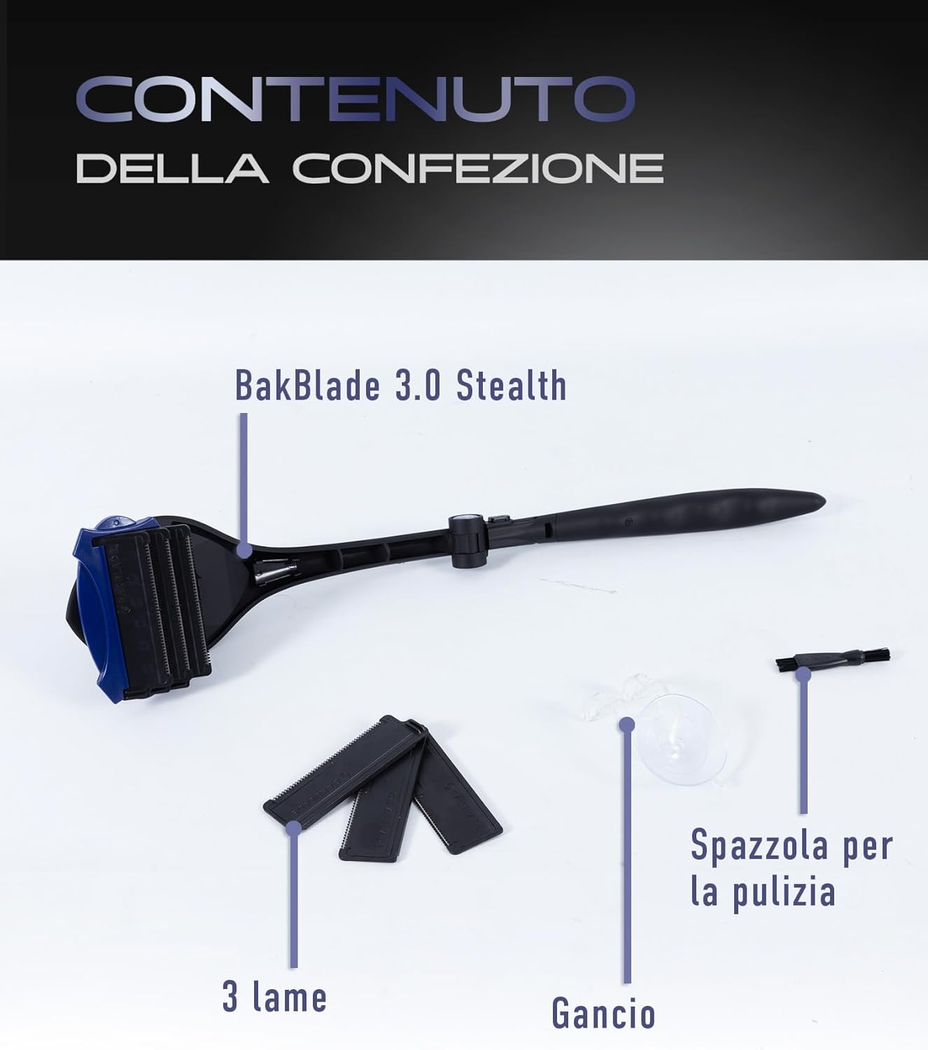 BakBlade 3.0 Stealth Men's Back Razor, Extra Long Ergonomic Handle 23" for Deep and Painless Men's Hair Removal | Body Shaver with 3 Replacement Heads