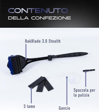 BakBlade 3.0 Stealth Men's Back Razor, Extra Long Ergonomic Handle 23" for Deep and Painless Men's Hair Removal | Body Shaver with 3 Replacement Heads