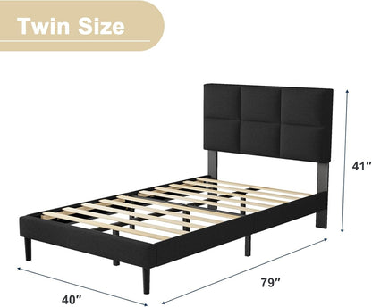 Natulliy Upholstered Platforms Twin Bed Frames with Headboard，Underbed Storage Heavy Duty Steel Slat Support Black Twin Bed Frames