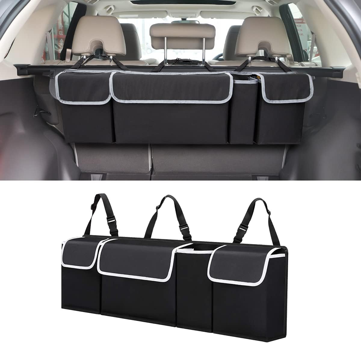 Car Trunk Organizer and Storage, Backseat Hanging Organizer for SUV, Truck, MPV, Waterproof, Collapsible Cargo Storage Bag with 4 Pockets, Car Interior Accessories (Black)