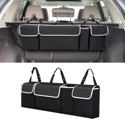 Car Trunk Organizer and Storage, Backseat Hanging Organizer for SUV, Truck, MPV, Waterproof, Collapsible Cargo Storage Bag with 4 Pockets, Car Interior Accessories (Black)