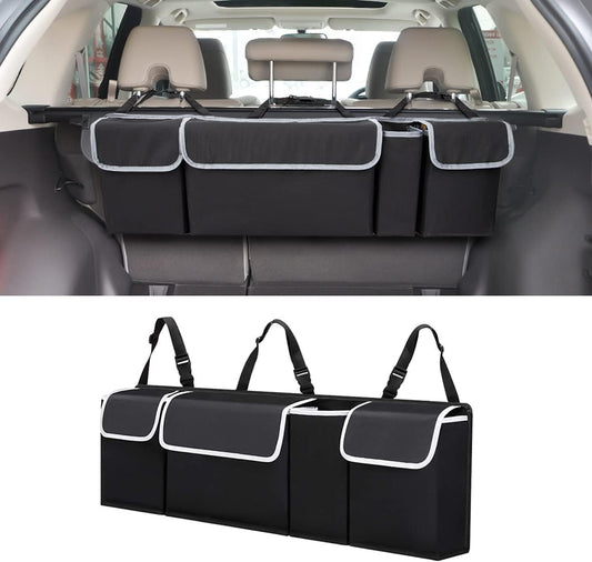 Car Trunk Organizer and Storage, Backseat Hanging Organizer for SUV, Truck, MPV, Waterproof, Collapsible Cargo Storage Bag with 4 Pockets, Car Interior Accessories (Black)