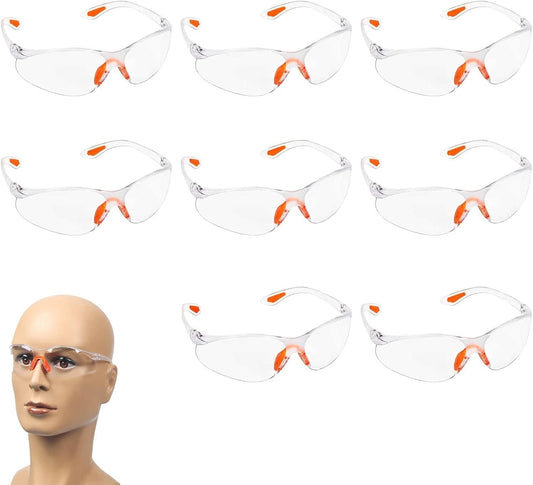 LFRANK 8 Pack of Safety Protection Glasses－Protective Glasses, Safety Goggles Eyewear Eyeglasses for Eye Protection with Clear Plastic Lenses and Featuring Rubber Nose and Ear Grips