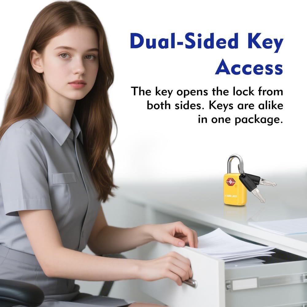 SURE LOCK TSA Approved Luggage Locks - One Key Opens All, Compact & Durable Zinc Alloy Travel Lock with Steel Shackle, Keyed Alike (Yellow 4 Locks, Mini Size for Suitcase/Backpack/Gym Locker)
