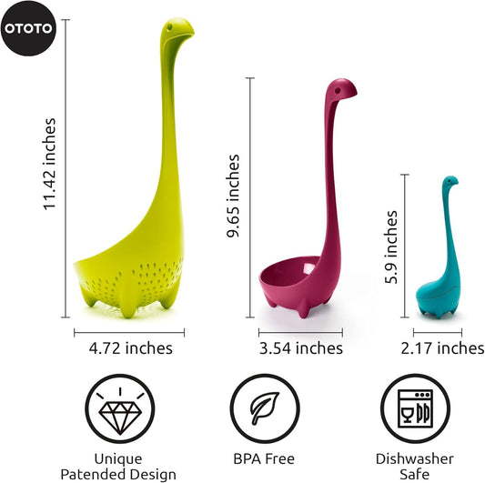 OTOTO Nessie Family Silicone Kitchen Ladle, Lochness Tea Infuser, Soup Ladle and Colander, Funny Kitchen Gadgets, Kitchen Gifts
