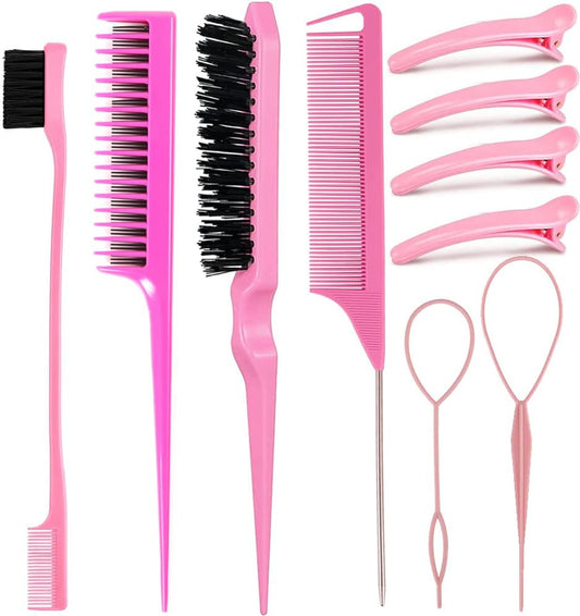 Hair Styling Tool Set: Combs, Triple Teasing Brush, Edge Brush, Rat Tail Combs, Braid Loop with Clips for Women, Girls, Kids and Stylists