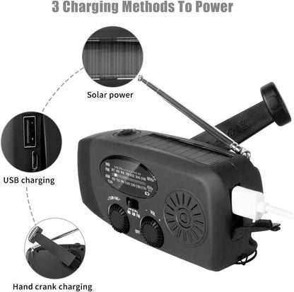 2021 Upgraded Emergency Solar Hand Crank Radio with LED Flashlight, Portable Am Fm NOAA Weather Radio, 2000mAh Solar Power Bank Cell Phone Charger for Home and Outdoor (Black)