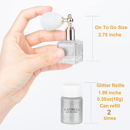 LATIBELL Body Glitter Spray, Silver Glitter Spray for Hair and Body, Glitter Body Spray Cosmetic Shimmer Makeup Glitter for Rave Hair Body Face Clothes Nail Art Craft Design - with 1 Jar of Refills