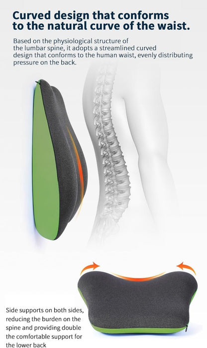 QUMOX Lumbar Support Pillow, Memory Foam Back Cushion Backrest for Car Seat, Office Chair, Computer Chair, Wheelchair and Recliner Ergonomic Design (Green)