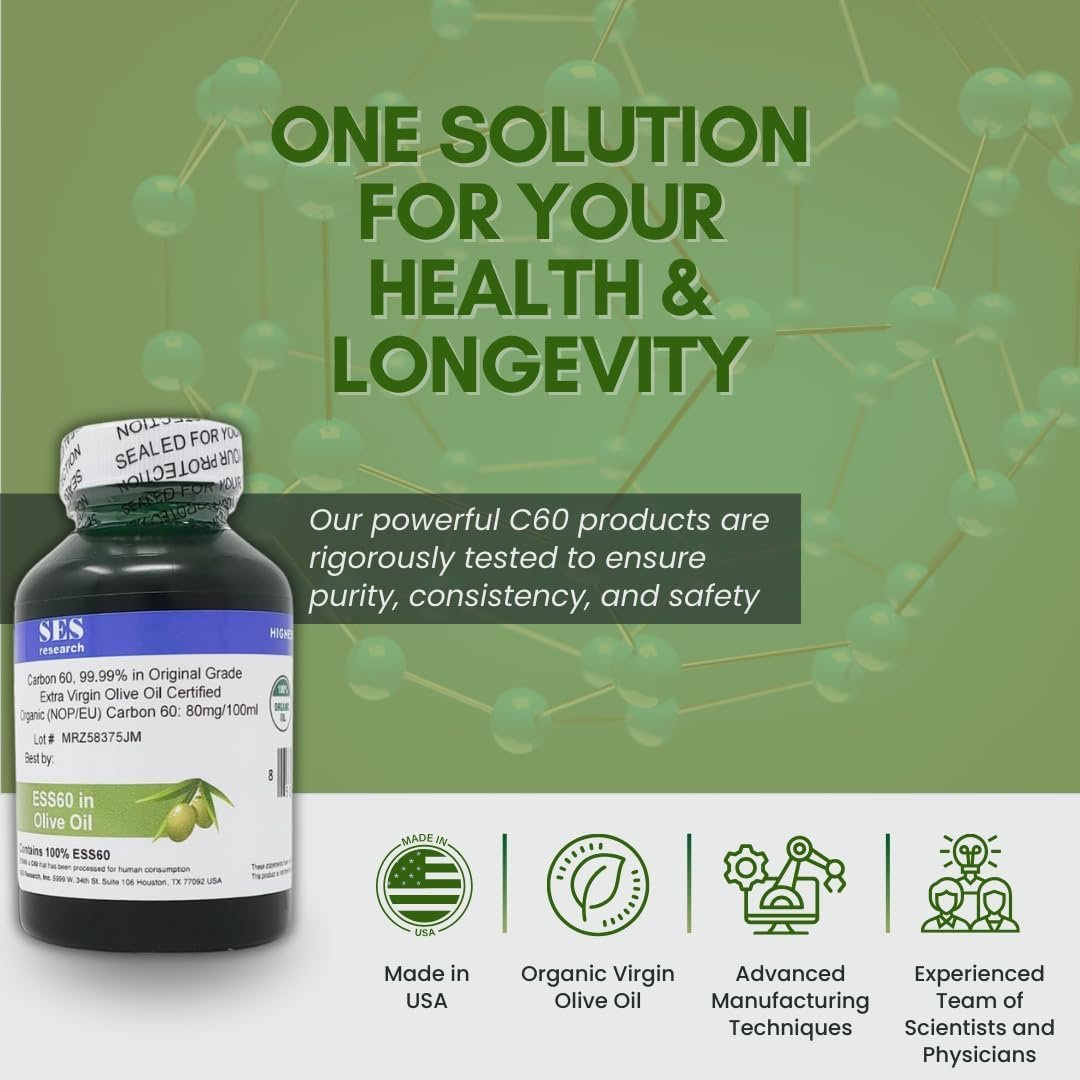 SES Research Original Grade C60, Carbon 60, 99.99% in Organic Extra Virgin Olive Oil - Highest Purity - 100 ml