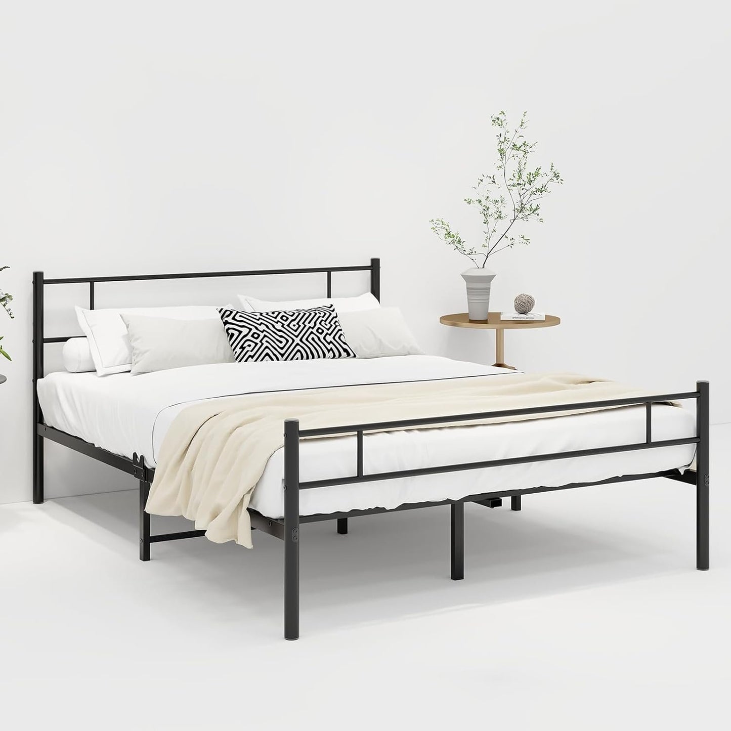 JUISSANO Metal Queen Bed Frame with Headboard,Platform Bed Frame Queen Size Mattress Foundation,No Box Spring Needed,Under Bed Storage,Steel Slats Support,Noise Free,Black Queen Size Bed Frame