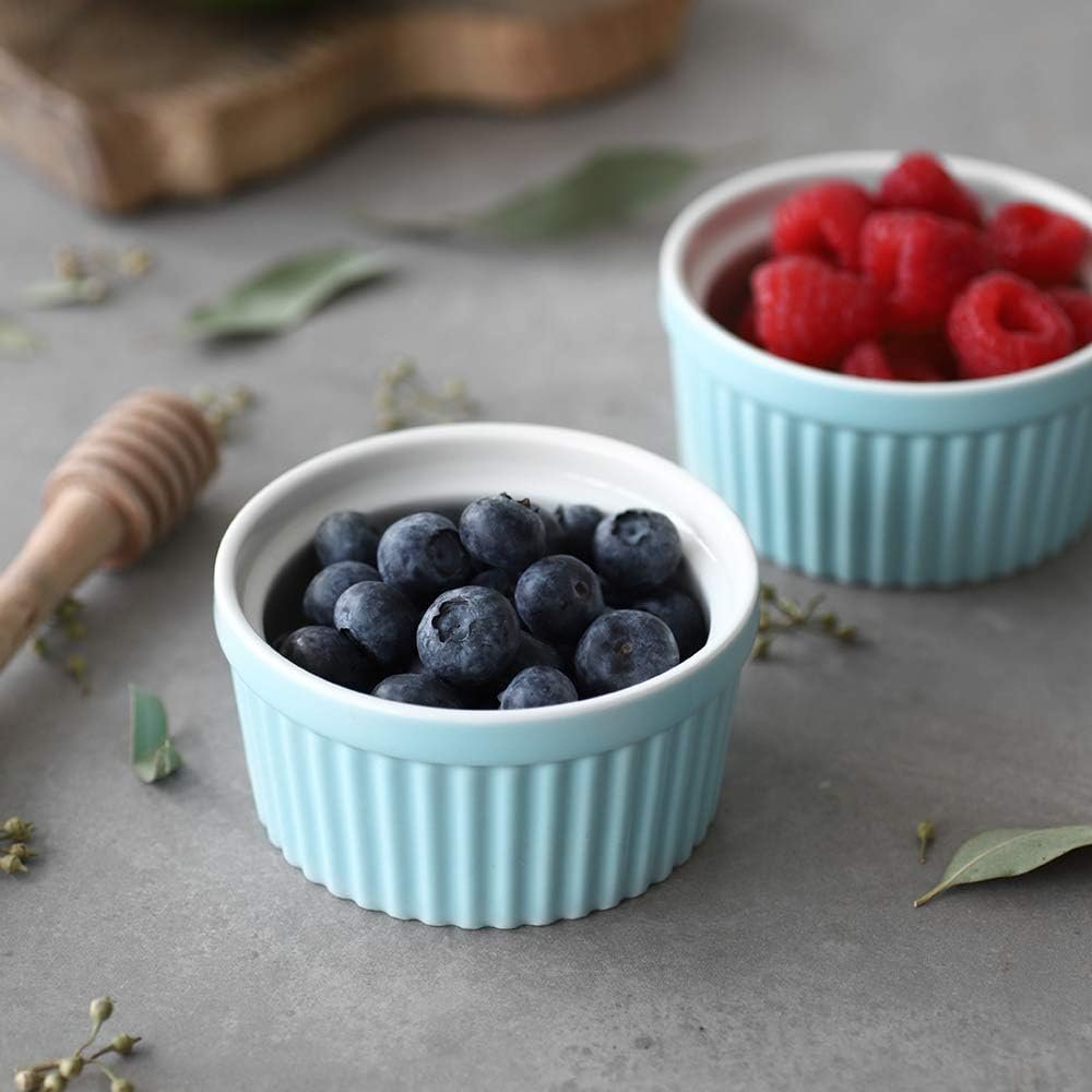 DOWAN 4 oz Ramekins - Ramekins for Creme Brulee Porcelain Ramekins Oven Safe, Classic Style Ramekins for Baking Souffle Ramekins Bowls, Set of 6, Blue