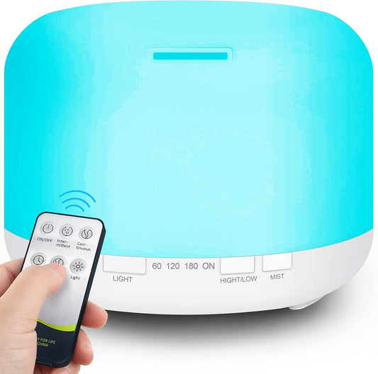 500ml Aromatherapy Essential Oil Diffuser, Ultrasonic Remote Control Cool Mist Fragrance Oils Humidifier, Electric Aroma Air Purifier for Home Bedroom 7 LED Color Lights, Timer, Auto Shut-Off (White)