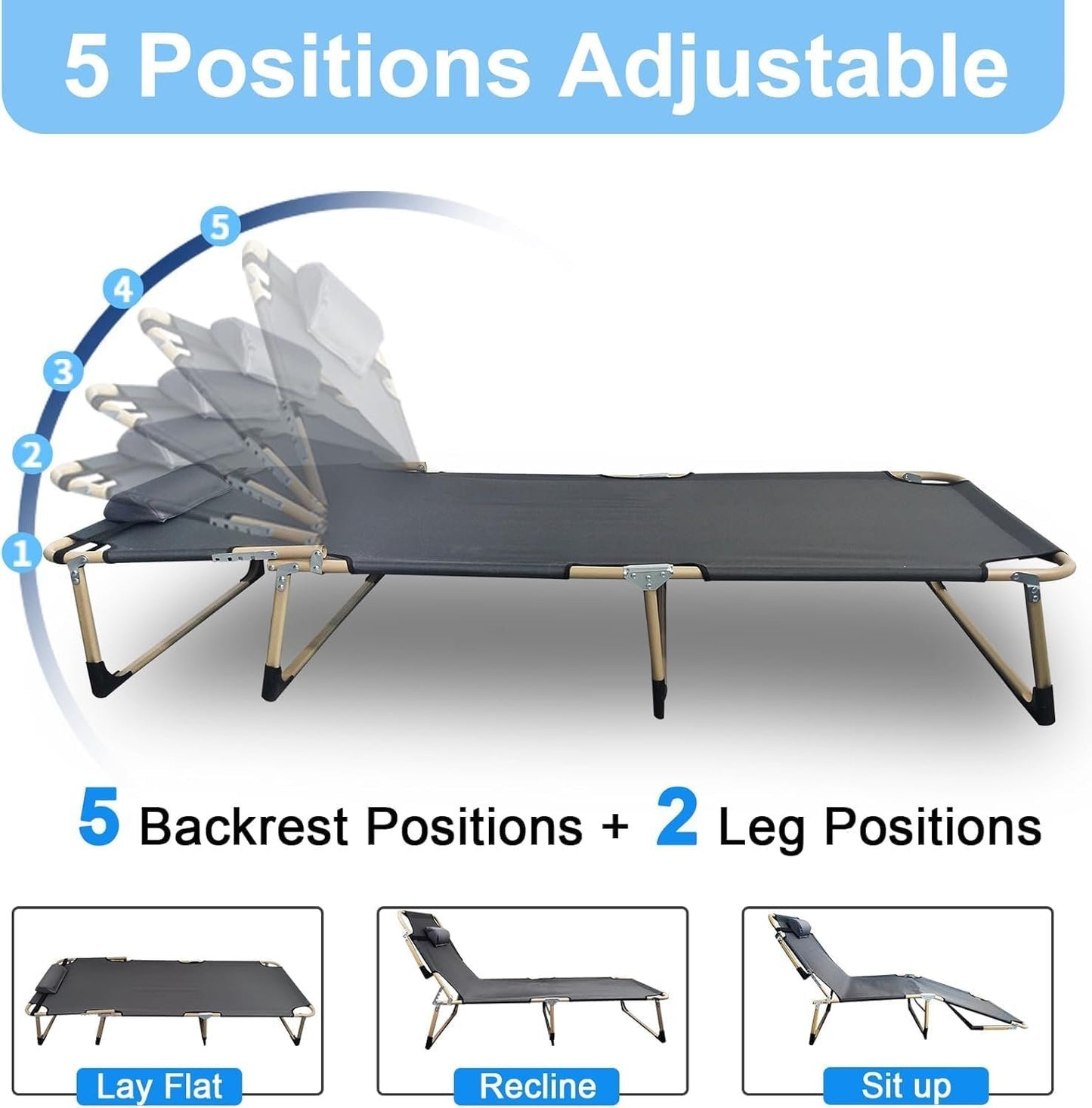 Folding Camping Cot W/Mat for Adults, Heavy Duty Outdoor Camping Bed Travel Camp Cots Camping Loungers, 5-Position Adjustable Backrest, Lightweight Tent Cot for Home Office Beach Garden