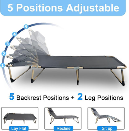 Folding Camping Cot W/Mat for Adults, Heavy Duty Outdoor Camping Bed Travel Camp Cots Camping Loungers, 5-Position Adjustable Backrest, Lightweight Tent Cot for Home Office Beach Garden