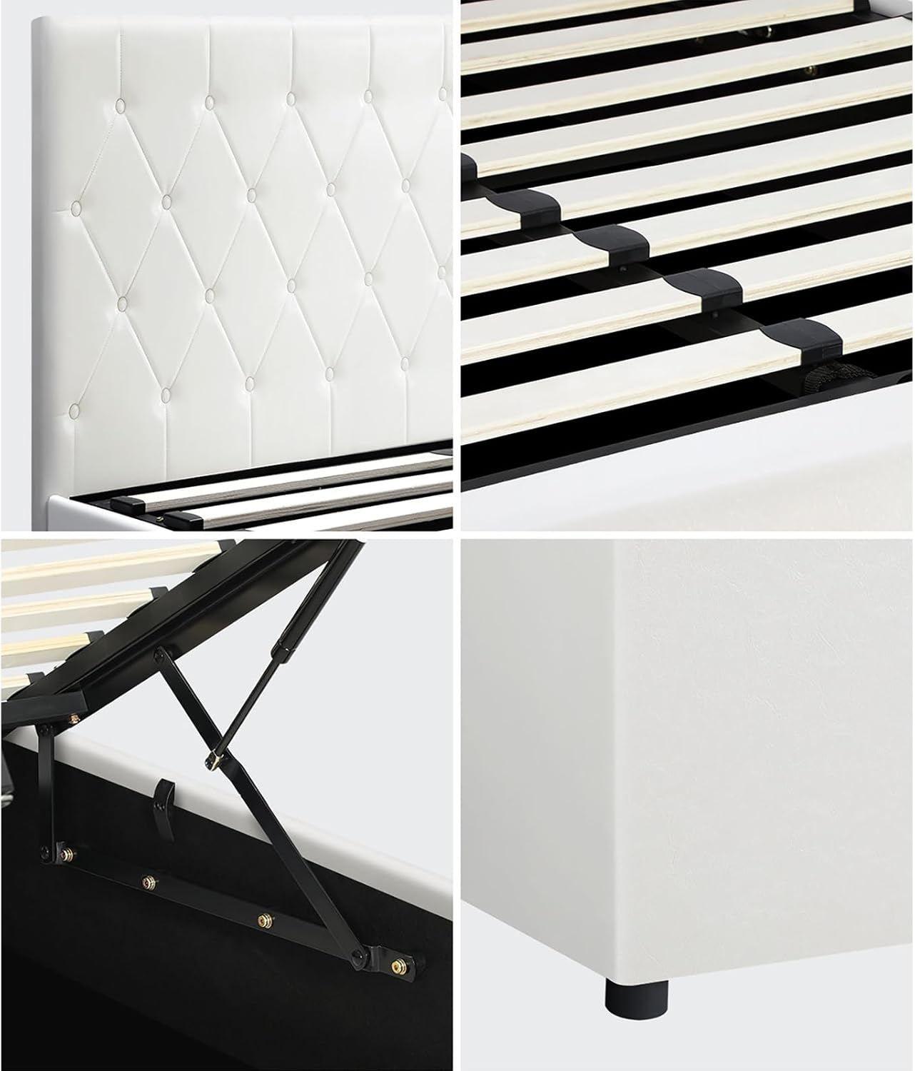 Oikiture Double Bed Frame with Storage and Gas Lift Leather Bed White