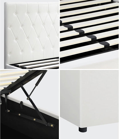 Oikiture Double Bed Frame with Storage and Gas Lift Leather Bed White