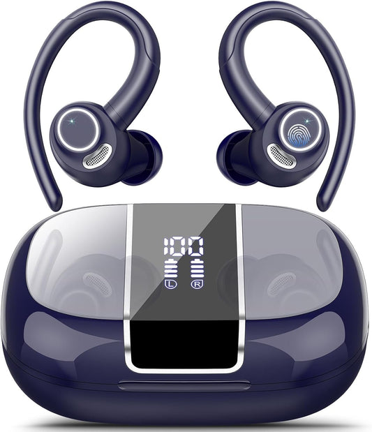 Wireless Earbuds, Bluetooth 5.3 Headphones Sport, Bluetooth Earbuds with ENC Mic, HiFi Stereo Wireless Earphones, 48H Dual LED Display, IP7 Waterproof Ear Buds with Earhook for Running Deep Blue