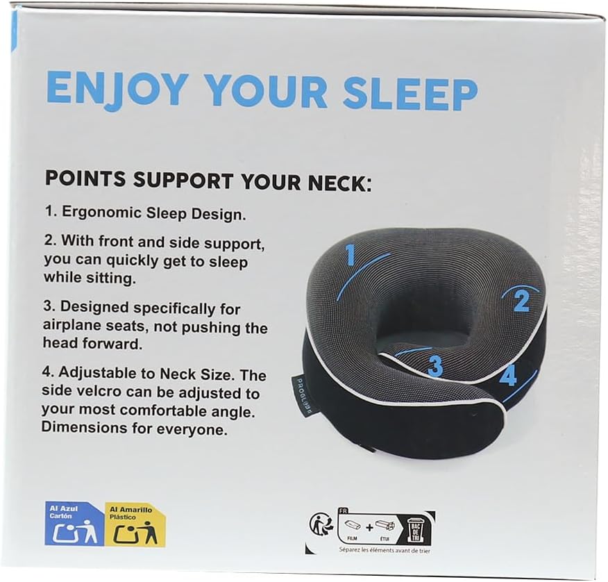 Proglobe Orthopedic Neck Pillow Travel Neck Pillows for Airplanes, Memory Foam Kit, Updated Resting Material, Airplane Travel Set with 3D Contoured Eye Masks, Earplugs, and Luxury Mesh Bag (Black)