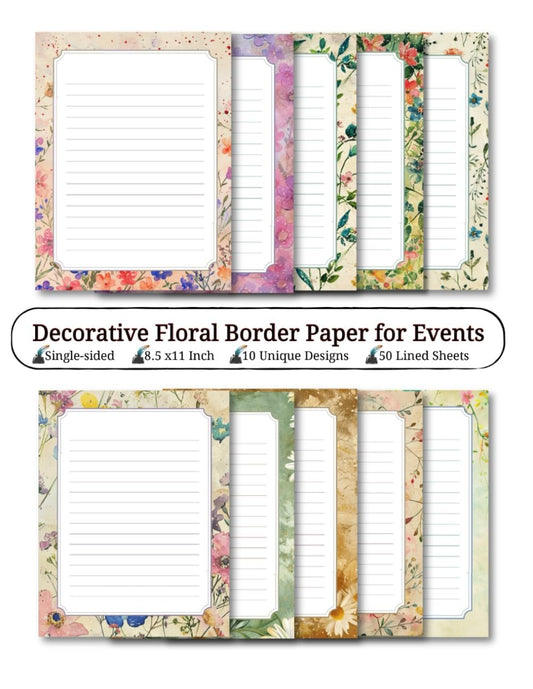 Decorative Floral Border Paper for Events: Daily Stationery Sheets, Letterhead for Party Invitations, Elegant Scrapbook Paper for Writing: Running Daily Supplies, 10 Designs, 40 Sheets, 8.5 x11”