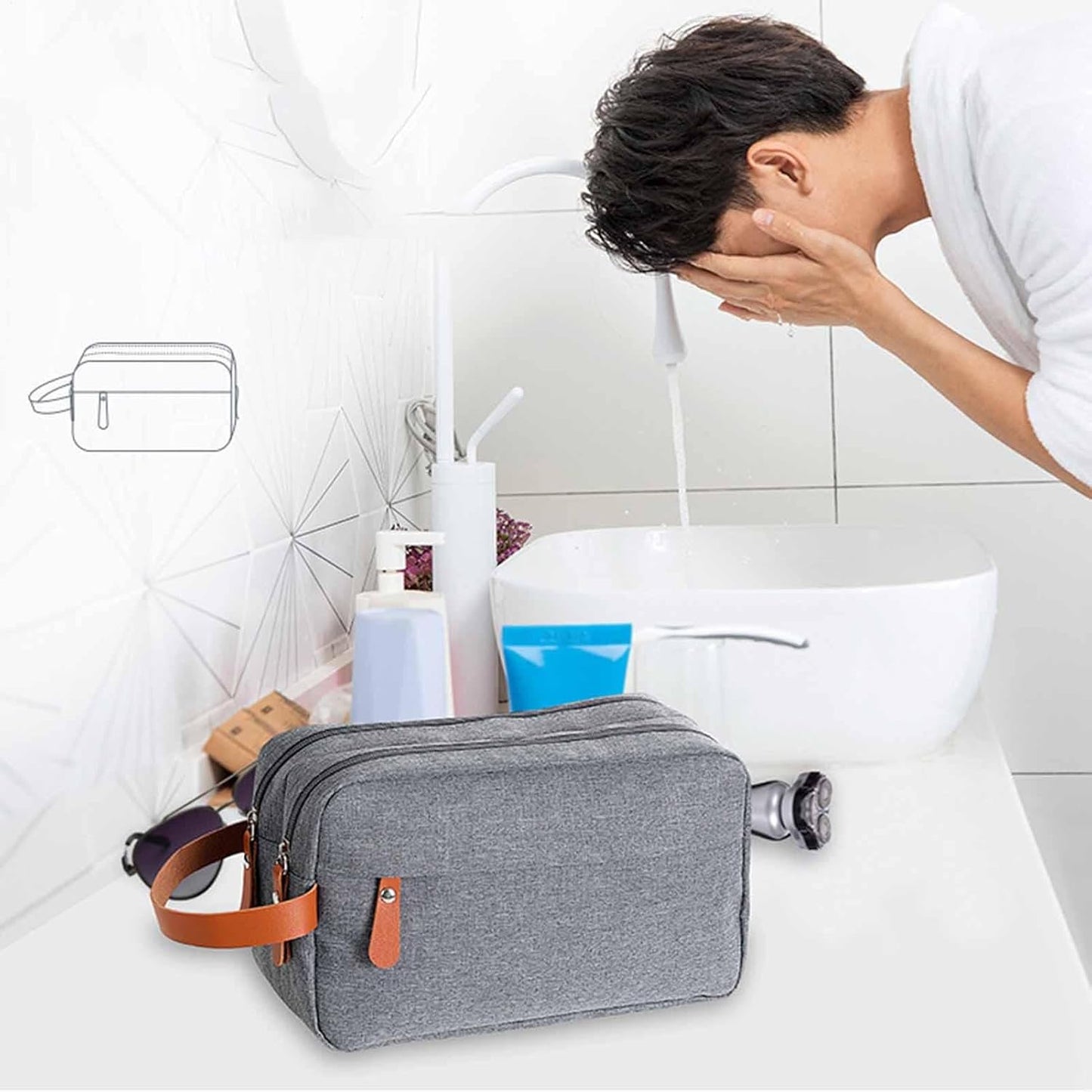 Travel Toiletry Bag, Convenient Double Layer Organizer Case, 9.84 x 3.94 x 5.91 Inches Compact Portable Sturdy Grooming Kit Bag with Handle for Men, Travel and Business Trips, Gray, Please refer to