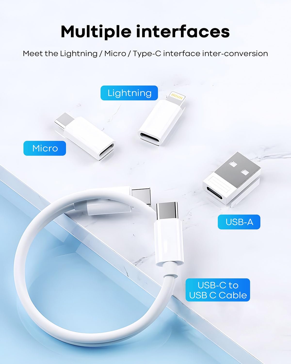 USB Adapter Cable Conversion Storage Box 9 in 1 Cable Case Multi-Type Charging Convertor USB C to Lightning Type C Micro Data Transfer Tool, White