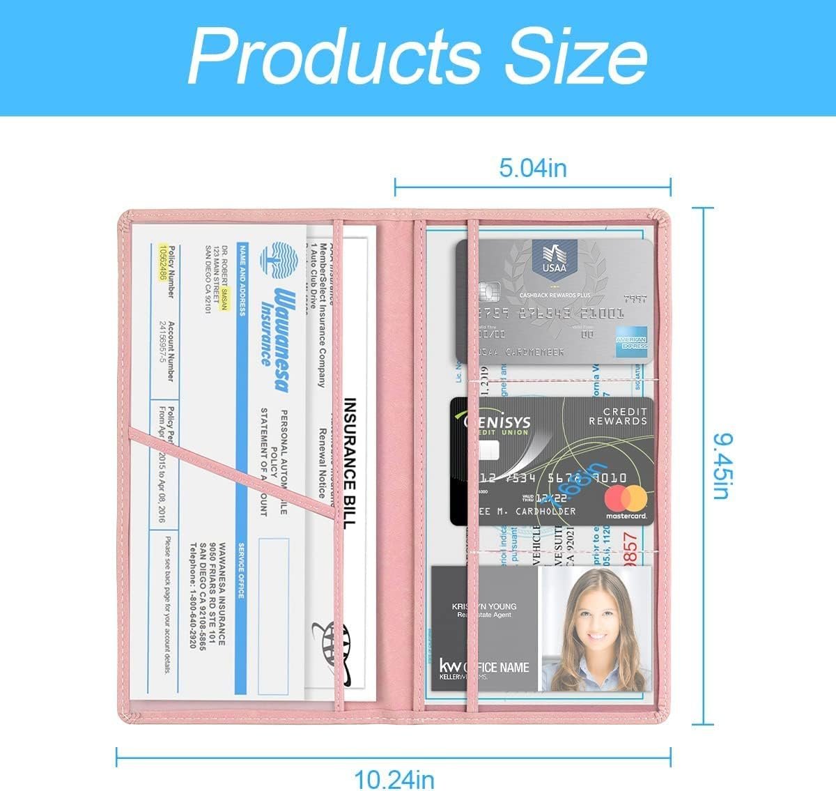 Car Registration and Insurance Card Holder, PU Glove Box Essential Documents Paperwork Driver License Organizer for Car, Wallet Case Auto Vehicle Truck Accessories for Women and Men（Rose Gold）