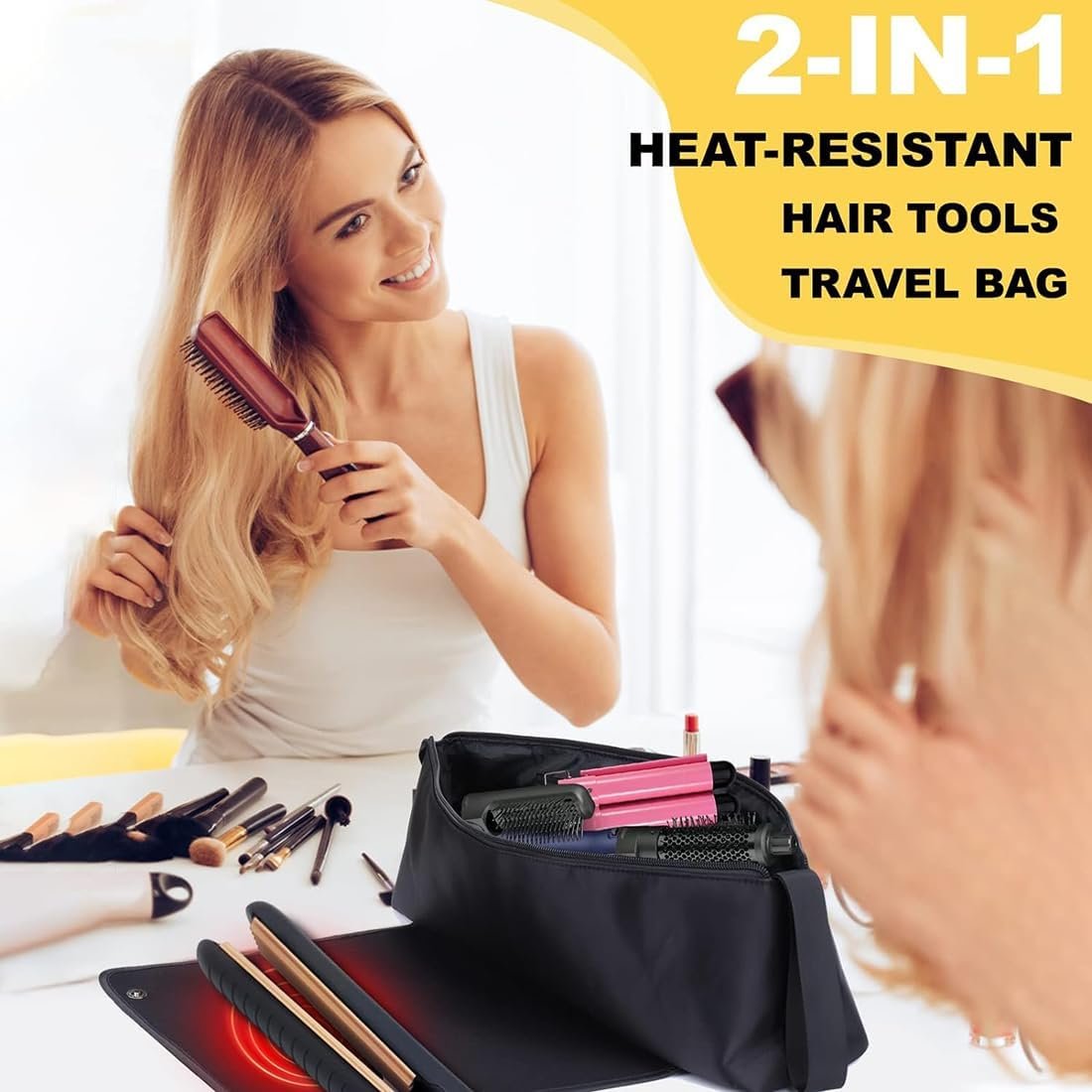 2 in 1 Hair Tools Case With Heat Resistant Mat, Large Travel Bag for Flat Irons, Straighteners, Curling Iron, Haircare Accessories