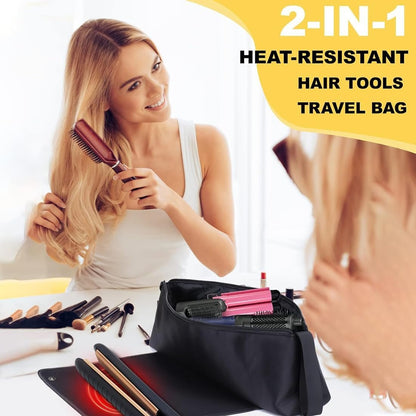 2 in 1 Hair Tools Case With Heat Resistant Mat, Large Travel Bag for Flat Irons, Straighteners, Curling Iron, Haircare Accessories
