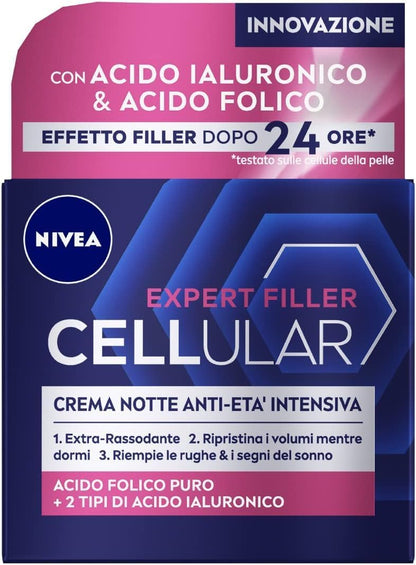 NIVEA CELLULAR EXPERT FILLER Intensive Anti-Ageing Night Cream SPF 15 50 ml, Firming Anti-Wrinkle Face Cream, Hyaluronic Acid and Pure Folic Acid, Anti-Aging Night Face Cream