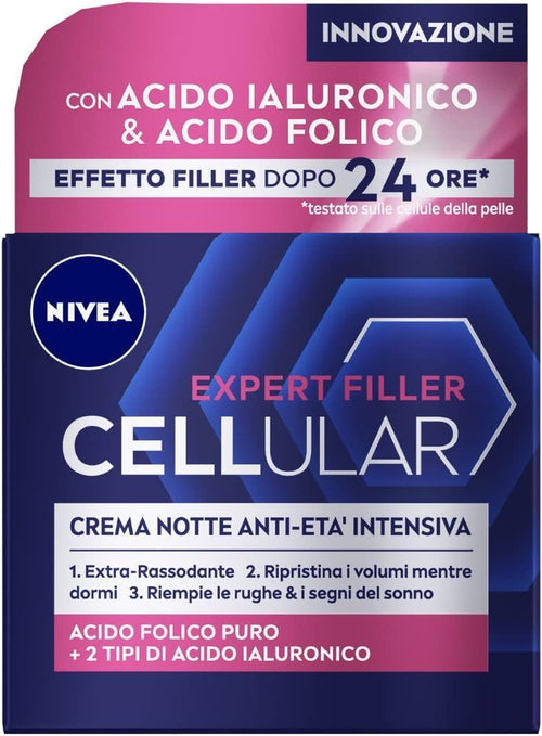 NIVEA CELLULAR EXPERT FILLER Intensive Anti-Ageing Night Cream SPF 15 50 ml, Firming Anti-Wrinkle Face Cream, Hyaluronic Acid and Pure Folic Acid, Anti-Aging Night Face Cream