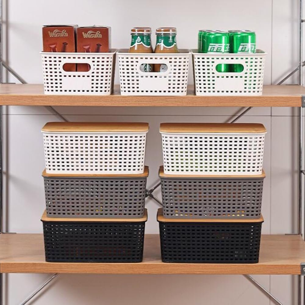 6 pcs Storage Bins with Bamboo Lids - Plastic Storage Containers with Lids Stackable Storage Box Baskets for Organizing Shelves Drawers Desktop Closet Office