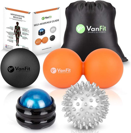 VanFit Massage Balls Therapy Set with Double Peanut Lacrosse, Trigger Point, Manual Muscle Roller and Spiky Massagers for Deep Tissue and Myofascial Release, Acupressure, and Workout Recovery (Black/Orange - 4 Pack)